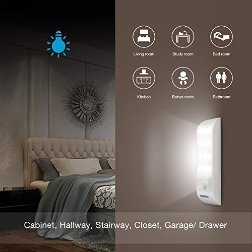Luz Noche, OMERIL Luz LED Armario Recargable USB con Sensor de Movimiento, 12LED Luz Nocturna con 3 Modos (AUTO/ON/OFF), Luz Cálida para Pasillo, Escalera, Cocina, Baño, Garaje, Gabinete y Sótano