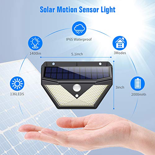 Luz Solar Exterior,【4Pack-136LED-2000mAh】Trswyop Foco Solar Exterior con Sensor de Movimiento Luces led con Gran Ángulo de Iluminación 270ºLámpara Solar Impermeable IP65 para Jardín
