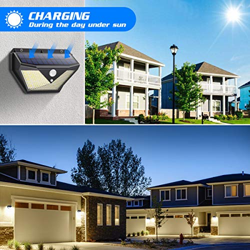 Luz Solar Exterior,【4Pack-136LED-2000mAh】Trswyop Foco Solar Exterior con Sensor de Movimiento Luces led con Gran Ángulo de Iluminación 270ºLámpara Solar Impermeable IP65 para Jardín