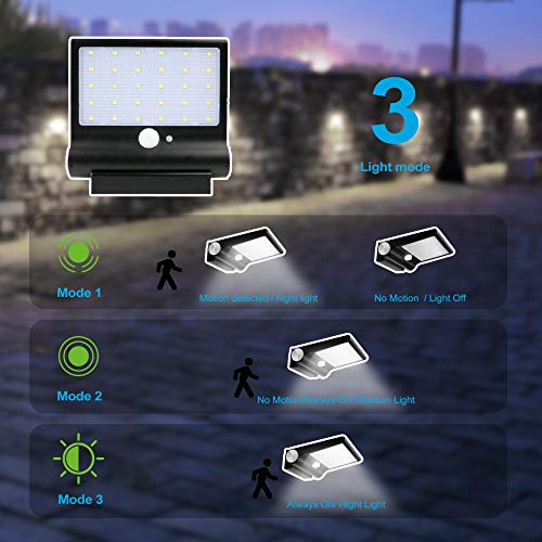 Luz Solar Exterior,M-T-K [Versión Desmontable Magnética] Foco Solar Potente con Sensor de Movimiento y 3 Modos de Lluminación Lámpara Solar Exterior Lmpermeable Luces Solares Jardín 2-Paquete
