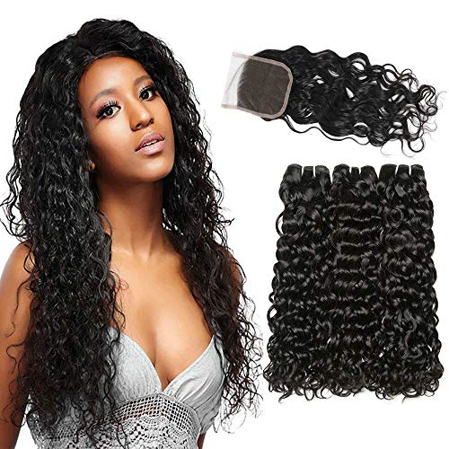 LVY pelo natural humano con closure pelo humano natural brasileño con closure pelo natural 3 bundle water wave hair con lace closure extensiones de cabello natural rizadas 18 20 22+16 Pulgada