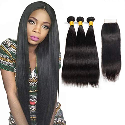 LVY Pelo Natural Humano Derecho Pelo Natural Humano Brasileño Con Closure Extension Cabello Humano 10 12 14+10 pulgada