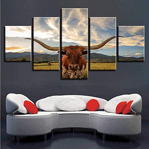 LWEEHNF （No Frame Canvas Wall Art Pictures Home Decor HD Print 5 Pieces Cattle Animal Landscape Painting Freedom Highland Cow Poster Modular