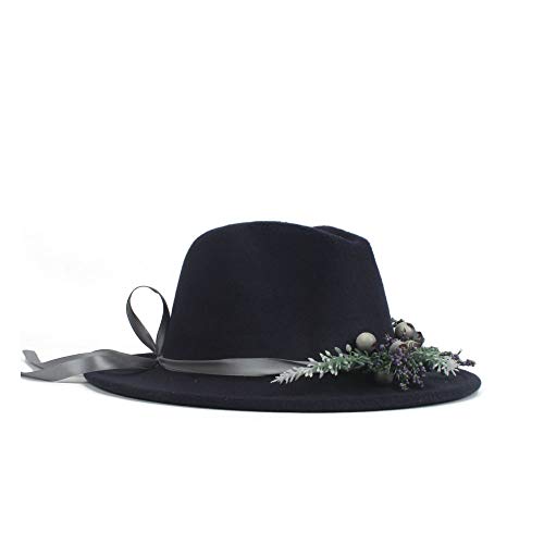 L.W.SURL Mujeres Hombres Sombrero de Fedora con Flor de Lavanda Cinta clásica ala Ancha Fieltro Floppy Cloche Cap Chapeau Algodón Otoño Invierno Cap (Color : Azul Oscuro, tamaño : 56-58CM)