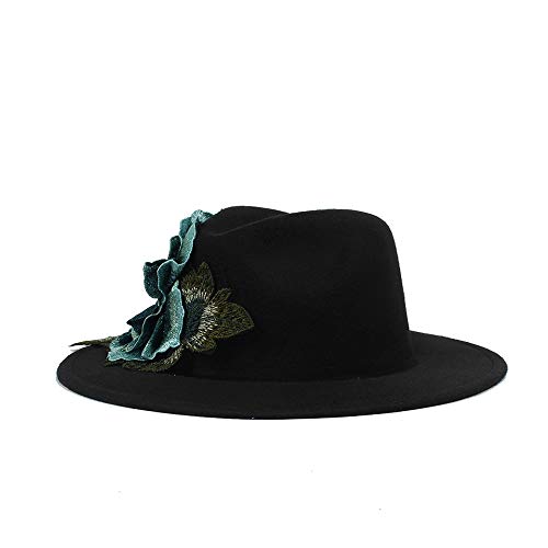 L.W.SURL Nuevos Hombres de Mujer Sombrero de Fedora con Azul Cinta de Flores de Dan Ceja de ala Ancha clásica Fieltro Floppy Cloche Cap Chapeau Sombreros de Copa (Color : Negro, tamaño : 56-58CM)