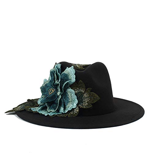 L.W.SURL Nuevos Hombres de Mujer Sombrero de Fedora con Azul Cinta de Flores de Dan Ceja de ala Ancha clásica Fieltro Floppy Cloche Cap Chapeau Sombreros de Copa (Color : Negro, tamaño : 56-58CM)