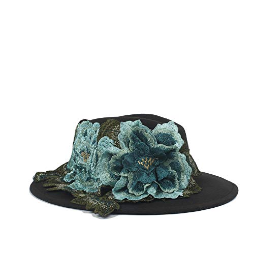 L.W.SURL Nuevos Hombres de Mujer Sombrero de Fedora con Azul Cinta de Flores de Dan Ceja de ala Ancha clásica Fieltro Floppy Cloche Cap Chapeau Sombreros de Copa (Color : Negro, tamaño : 56-58CM)