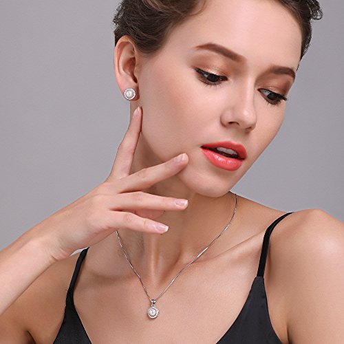 Lydreewam Juego de collar y pendientes de perlas de plata de ley 925 para mujer + caja de regalo azul