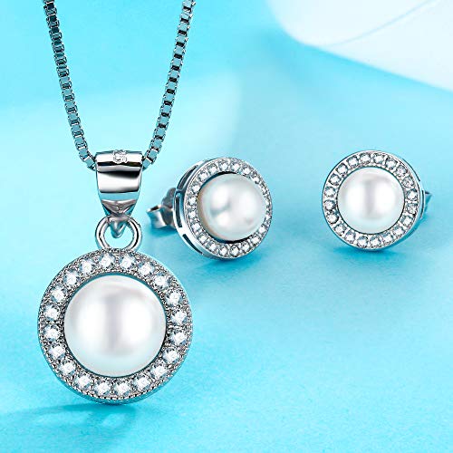 Lydreewam Juego de collar y pendientes de perlas de plata de ley 925 para mujer + caja de regalo azul