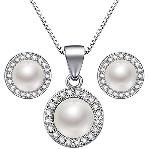 Lydreewam Juego de collar y pendientes de perlas de plata de ley 925 para mujer + caja de regalo azul