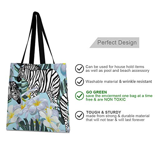 LZXO Bolsa de lona con diseño de cebra, flores tropicales, mango largo natural, reutilizable, bolsa de la compra de lona grande con bolsillo interior para mujer y niña