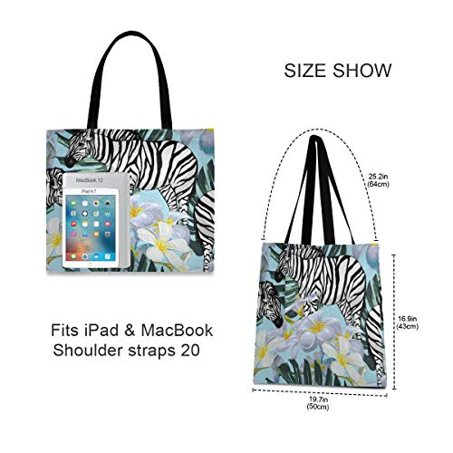 LZXO Bolsa de lona con diseño de cebra, flores tropicales, mango largo natural, reutilizable, bolsa de la compra de lona grande con bolsillo interior para mujer y niña