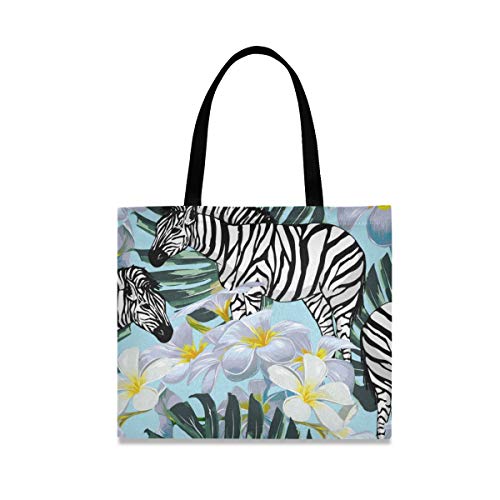 LZXO Bolsa de lona con diseño de cebra, flores tropicales, mango largo natural, reutilizable, bolsa de la compra de lona grande con bolsillo interior para mujer y niña