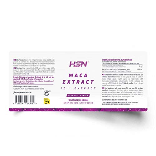 Maca Andina de HSN | 500mg Extracto 10:1 | Alta Concentración, Energizante Natural | Vegano, Sin Gluten, Sin Lactosa, 120 Cápsulas Vegetales