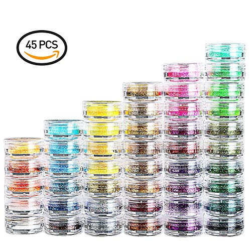 Magicdo 45 colores Polvo brillo arte clavo, Extra fina con purpurina botes, más ricas de rayas en Amazon para niños & adultos proyectos de arte escuela o casa, Scrapbooking, cara, uñas, ojo arte