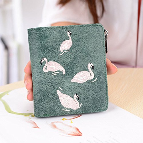 Majome Las mujeres Ultra delgado bordado corto monedero de cuero de la PU animal Flamingo cremallera monedero monedero Monederos