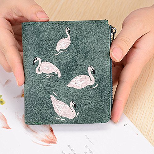 Majome Las mujeres Ultra delgado bordado corto monedero de cuero de la PU animal Flamingo cremallera monedero monedero Monederos