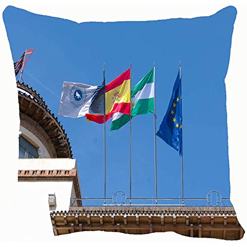 Málaga España 03012019 Cuatro banderas ondeando sobre signos Símbolos 3D Fundas de almohada Fundas de cojín Fundas de almohada Sofá Decoración para el hogar 45X45Cm