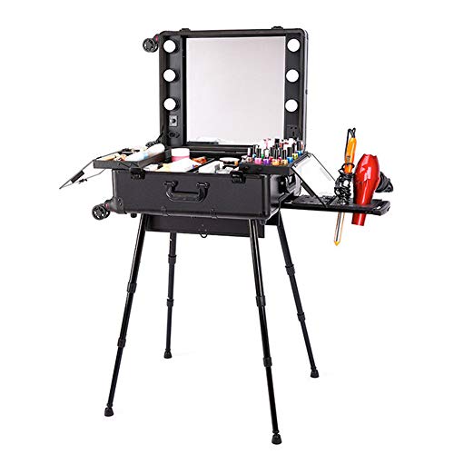 Maletín de Cosméticos, Organizador para Maquillaje, Multiuso, Tipo Trolley, con 4 Bombillas de Luces y Espejo, Negro