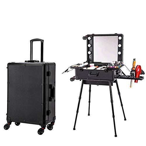 Maletín de Cosméticos, Organizador para Maquillaje, Multiuso, Tipo Trolley, con 4 Bombillas de Luces y Espejo, Negro