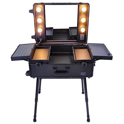 Maletín de Cosméticos, Organizador para Maquillaje, Multiuso, Tipo Trolley, con 4 Bombillas de Luces y Espejo, Negro