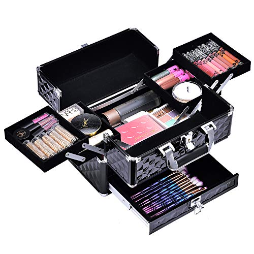 Maletín Maquillaje Profesional Negro Neceser Maquillaje Organizador Pintauñas Joyero Maletín de Manicura Maletín de Pintura Caja Maquillaje Cosméticos con Espejo Vacío de Viaje Regalos para Mujeres