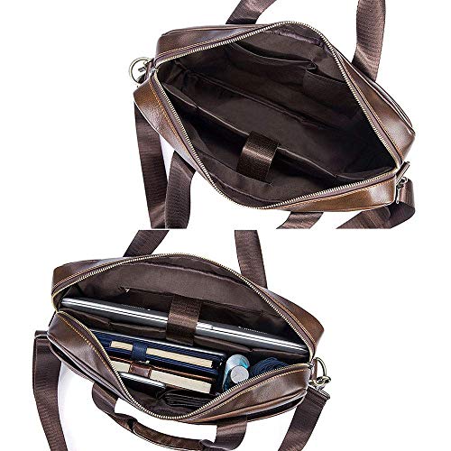 Maletín Mensajero de Cuero Genuino Bolso Hombre Bandolera para Portatil hasta 14 Pulgadas Bolso Hecho a Mano para Negocios,Oficina,Trabajo,Viajes,Marrón