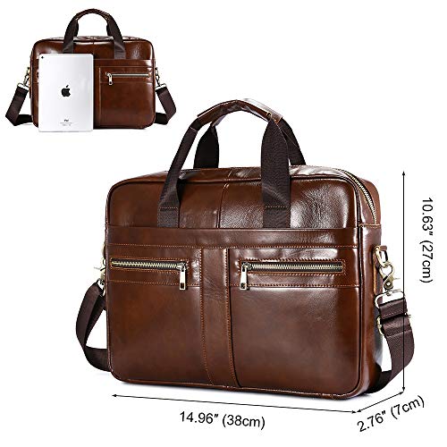 Maletín Mensajero de Cuero Genuino Bolso Hombre Bandolera para Portatil hasta 14 Pulgadas Bolso Hecho a Mano para Negocios,Oficina,Trabajo,Viajes,Marrón