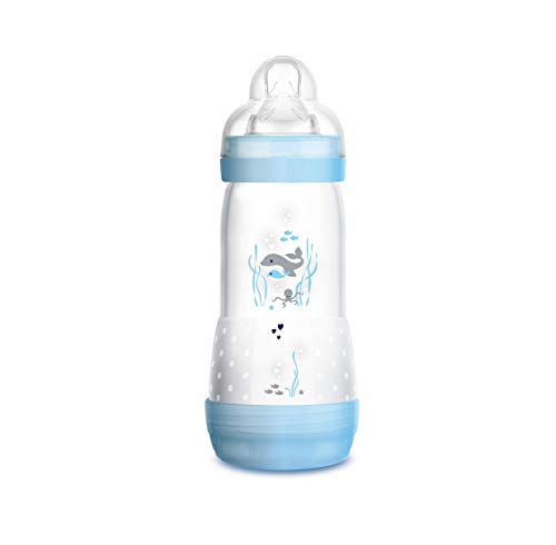 MAM Easy Start Anti-Colic - Biberón anticólicos autoesterilizable con base de ventilación y tetina MAM nº 3, 4+ meses, 320 ml, Azul
