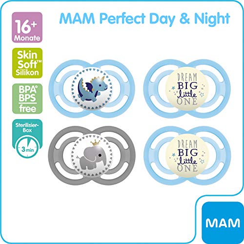 MAM - Juego de 4 chupetes Day & Night: 2 MAM 2 MAM Night, fomentan el Desarrollo Natural de Dientes y mandíbula, Luminosos y con Caja para Chupete