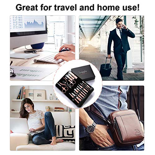 Manicura Pedicura Set 16 PCS Profesional Cortaúñas Acero Inoxidable Grooming Kit - Con Estuche De Viaje De Cuero Lujoso（Negro）