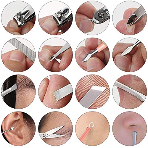 Manicura Pedicura Set 16 PCS Profesional Cortaúñas Acero Inoxidable Grooming Kit - Con Estuche De Viaje De Cuero Lujoso（Negro）
