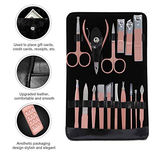 Manicura Pedicura Set 16 PCS Profesional Cortaúñas Acero Inoxidable Grooming Kit - Con Estuche De Viaje De Cuero Lujoso（Negro）