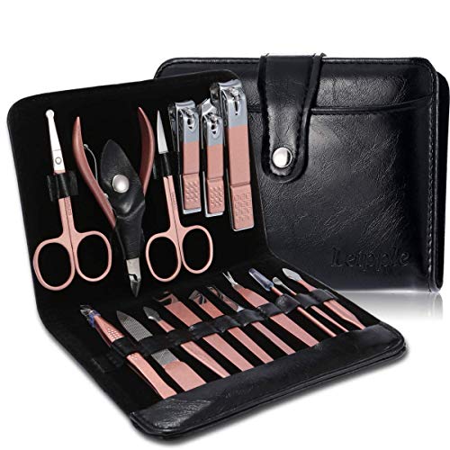 Manicura Pedicura Set 16 PCS Profesional Cortaúñas Acero Inoxidable Grooming Kit - Con Estuche De Viaje De Cuero Lujoso（Negro）