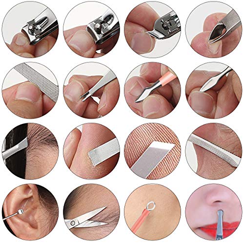 Manicura Pedicura Set 16 PCS Profesional Cortaúñas Acero Inoxidable Grooming Kit - Con Estuche De Viaje De Cuero Lujoso（Rosado）