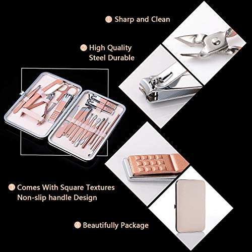 Manicura Pedicura Set Profesional Cortaúñas Acero Inoxidable Grooming Kit para Manicura y Pedicura Limpiador Cutícula con caja de cuero (Oro rosa)