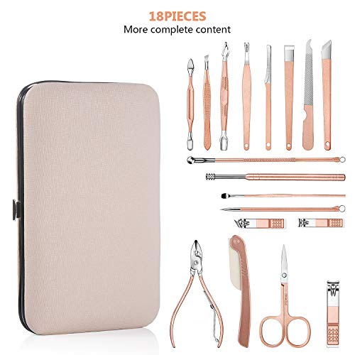 Manicura Pedicura Set Profesional Cortaúñas Acero Inoxidable Grooming Kit para Manicura y Pedicura Limpiador Cutícula con caja de cuero (Oro rosa)