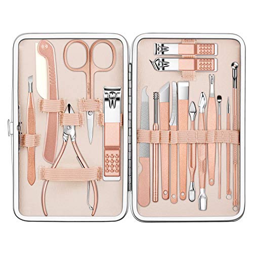 Manicura Pedicura Set Profesional Cortaúñas Acero Inoxidable Grooming Kit para Manicura y Pedicura Limpiador Cutícula con caja de cuero (Oro rosa)