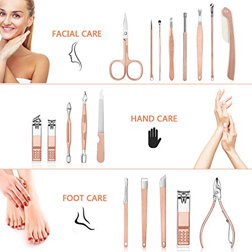 Manicura Pedicura Set Profesional Cortaúñas Acero Inoxidable Grooming Kit para Manicura y Pedicura Limpiador Cutícula con caja de cuero (Oro rosa)