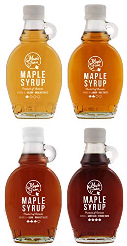 MapleFarm - Jarabe de arce puro. Paquete de degustación 4 variantes: ORO - AMBAR - OSCURO - MUY OSCURO. Pack de 4 botellas de 250g.