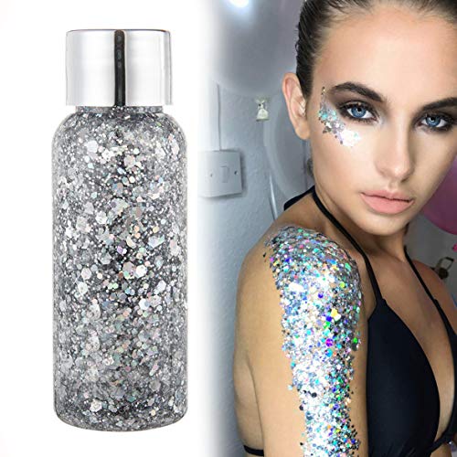 Maquillaje brillante, cara brillante, cuerpo de purpurina, purpurina, purpurina, holográfica para la cara, uñas, ojos, labios, cuerpo, para Halloween, fiestas, Navidad, plata