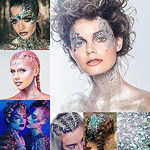 Maquillaje brillante, cara brillante, cuerpo de purpurina, purpurina, purpurina, holográfica para la cara, uñas, ojos, labios, cuerpo, para Halloween, fiestas, Navidad, plata