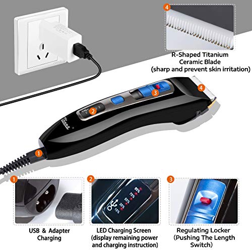 Maquina Cortar Pelo, O'vinna Cortapelos Profesional Hombre con 4 Peines de Ajustes (6 longitud), Pantalla LED, Cuchillas de Cerámica-Titanio, Carga Rápida, Potente Motor