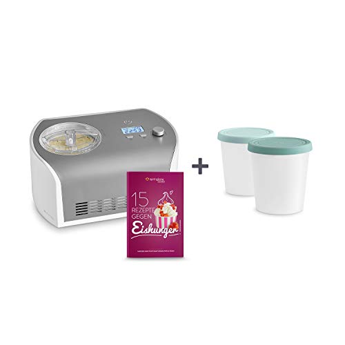 Máquina de Hacer Helados con Compresor de 1,2 litros ELLI, Recetas incluidas, Heladera de acero para yogur, Sorbete y Helado, 135 W, display LCD, temporizador, refrigeración