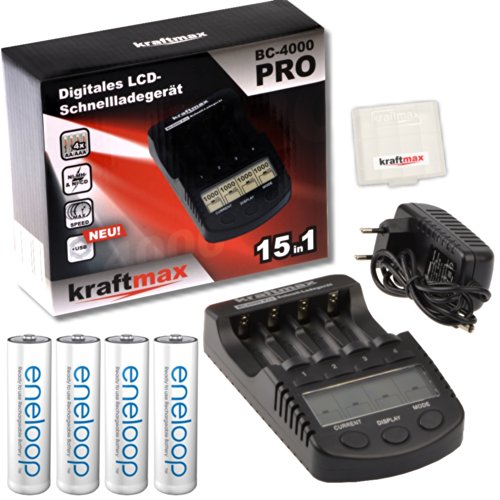 Maquinilla de afeitar Kraftmax - Kraftmax BC-4000 Pro cargador y 4 x Panasonic Eneloop AA/Pilas AA - la nueva generación - batería de alto rendimiento pilas Kraftmax V5