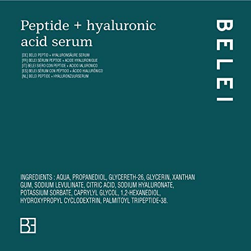 Marca Amazon - Belei - Sérum con péptido y ácido hialurónico, 96.6% ingredientes naturales, vegano, 30 ml