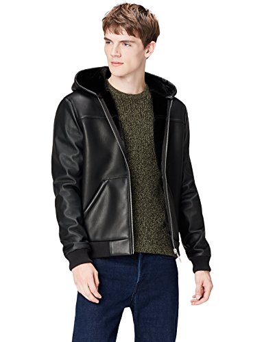 Marca Amazon - find. Chaqueta Efecto Piel con Capucha para Hombre, Negro (Schwarz), L, Label: L