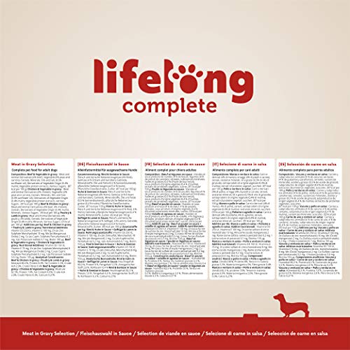 Marca Amazon - Lifelong Alimento completo para perros adultos - Selección de carne en salsa, 2,4 kg (24 bolsitas x 100g)