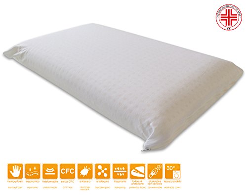 Marcapiuma - Almohada Viscoelástica Memory Foam 70 cm Alta 12 cm Modelo Jabón Perforado con Funda 100% ALGODÓN - Almohada Cervical Ortopédica - Producto Sanitario CE - 100% Fabricada en Italia