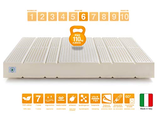 Marcapiuma - Colchón Látex Individual 90x190 Alto 20 cm - SEVENLIFE 20 - H2 Medio - 7 Zonas Ergonómico Antiácaros Antialérgico - Funda desenfundable Silver - 100% Fabricado en Italia